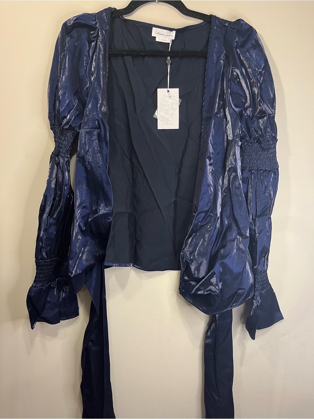 Lovers + Friends Shimmery Navy Open-Front long sleeve top